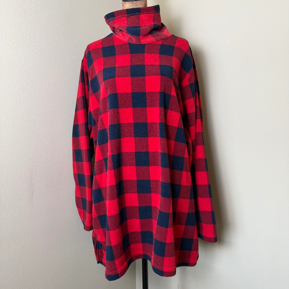 Lands End Fleece Tunic Shirt Womens 2X 20-22W Red Navy Plaid Top Turtleneck Cozy
